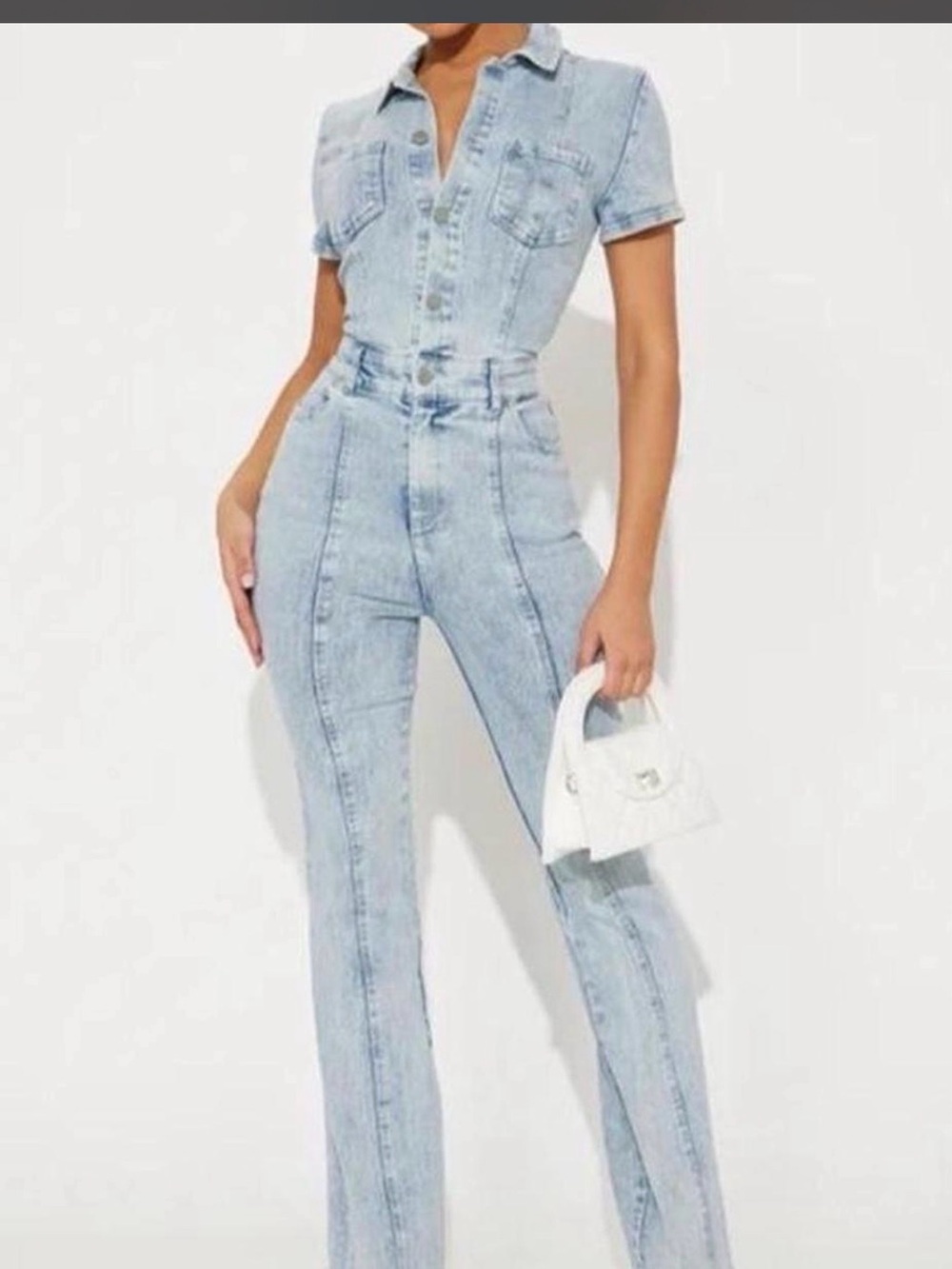 Fashion Nova Light Blue Denim Short-Sleeve Jumpsuit
